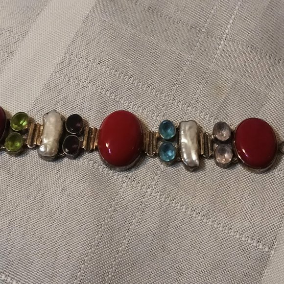 Red Coral, Pearl and Semi Precious Stones Sterling Silver Bracelet - Picture 1 of 6